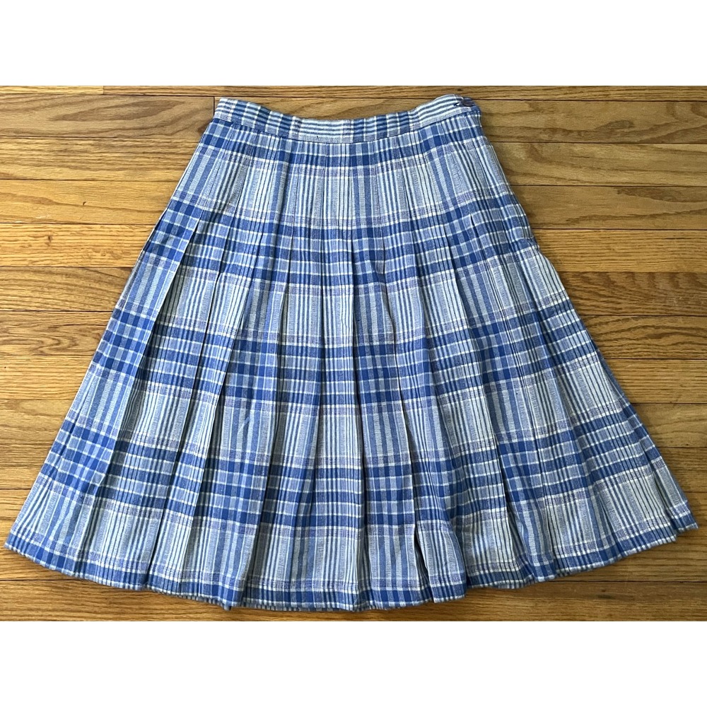 Vintage Pendleton 100% Wool Blue & White Plaid Pleated Skirt Women 8 USA